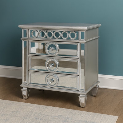 Three-Drawer Mirrored Nightstand with Beveled Glass and Tapered Legs