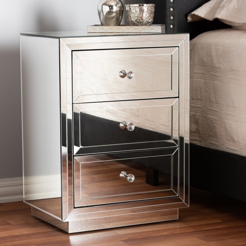 Three Drawer Mirrored Nightstand with Beveled Panels and Crystal Knobs
