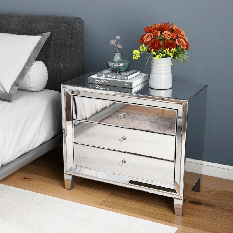 Three Drawer Mirrored Nightstand with Tapered Legs for Modern Glam