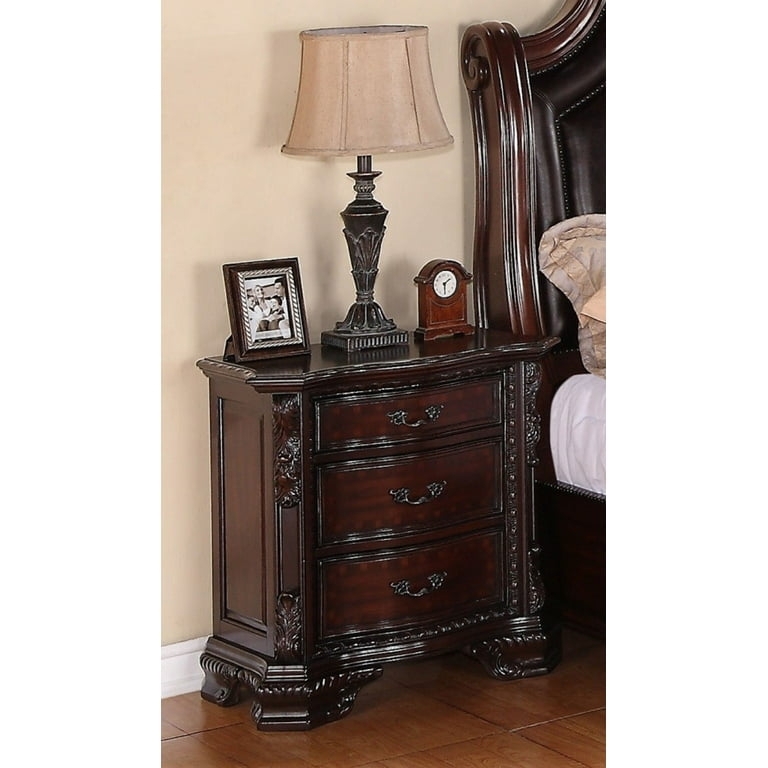 Three-Drawer Nightstand in Dark Cherry Brown with Antique Metal Pulls