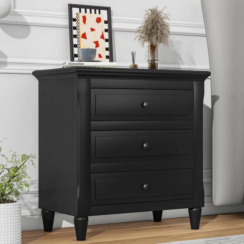 Three-Drawer Nightstand with Gold Bar Pulls, Sophisticated Style