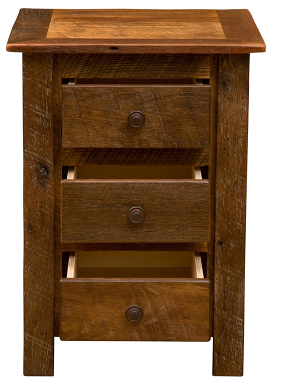 Three-Drawer Nightstand with Weathered Planks and Dark Metal Knobs.
