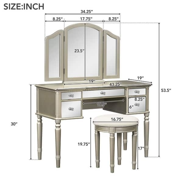 Three Drawer Vanity Set with Matching Stool and Gold Legs
