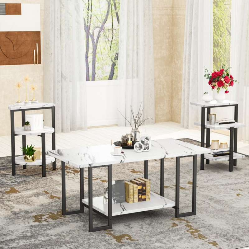 Three-Piece Faux Marble Coffee Table Set with Tiered X-Brace Frames