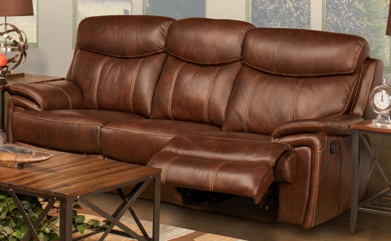 Three-Seat Dark Brown Leather Reclining Sofa with Overstuffed Silhouette