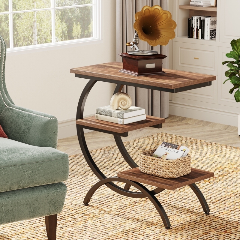 Three-Tier End Table Storage, Rustic Wood Look, Black Metal, Industrial