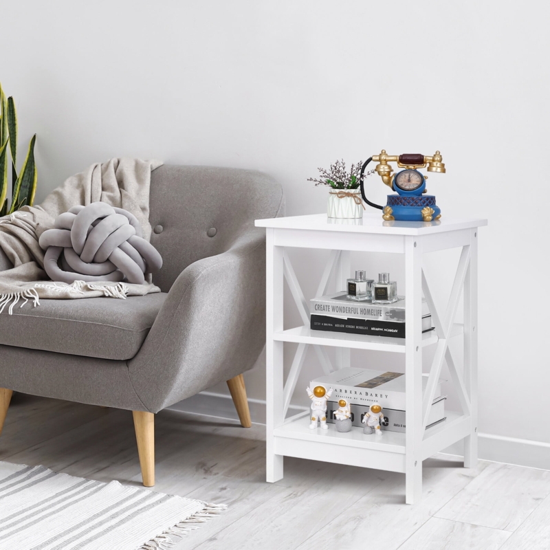 Three Tier End Table X Brace Sides Open Shelving Design