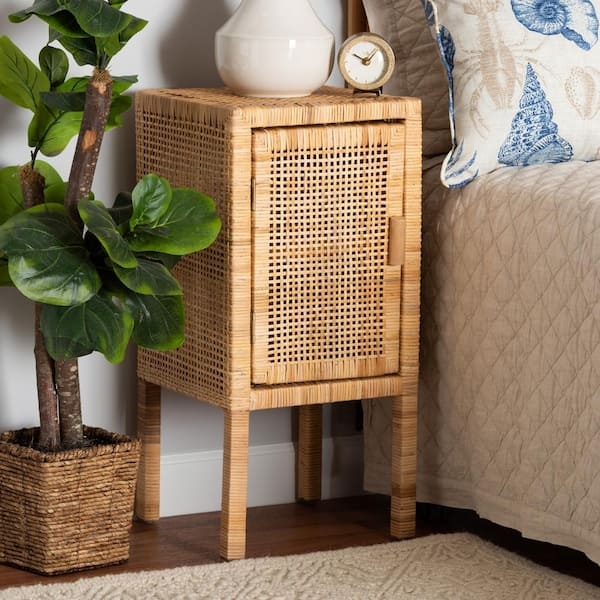 Three Tier Nightstand with Arched Sides Narrow Rattan Stand for Plants
