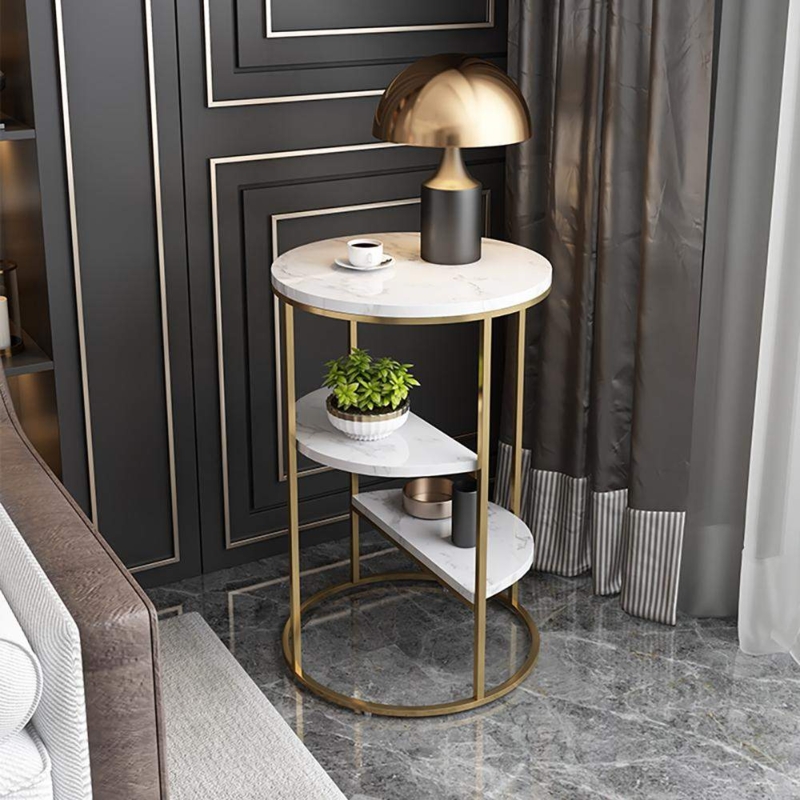 Three-Tier Rectangular End Table with White Marble Look Top and Gold Frame