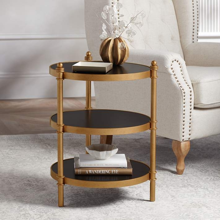 Three-Tier Round Side Table, Matte Black Shelves and Polished Gold Frame