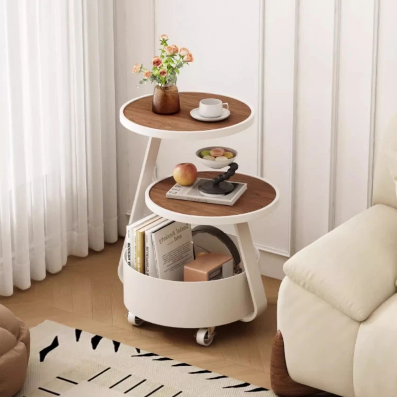 Three-Tier Side Table: Cylindrical Walnut and Stone-Like Finish