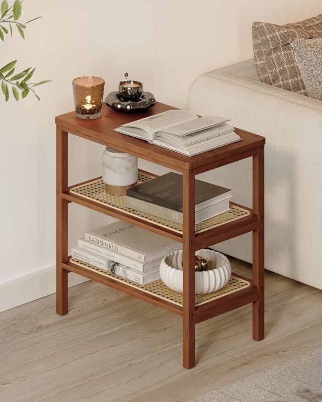 Three Tier Side Table Wood Frame Woven Rattan Shelves Boho Style