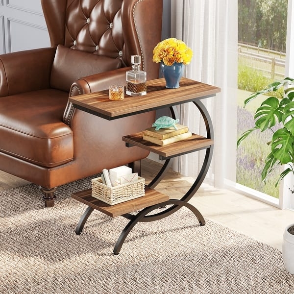Three Tier Wood End Table, Industrial Style, Rustic Grain Texture