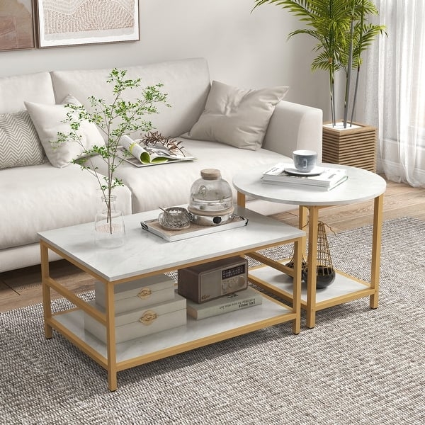Tiered Coffee Table Set, Industrial Mixed Geometric Shapes, Open Storage