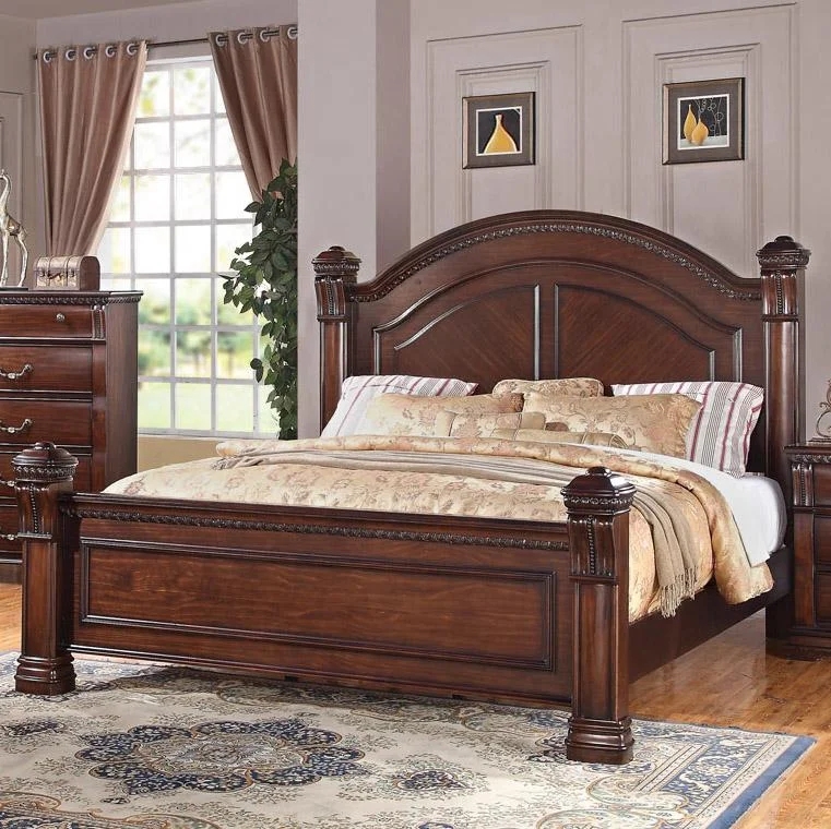 Traditional Bed Frame Square Posts, Chestnut Finish & Arched Headboard