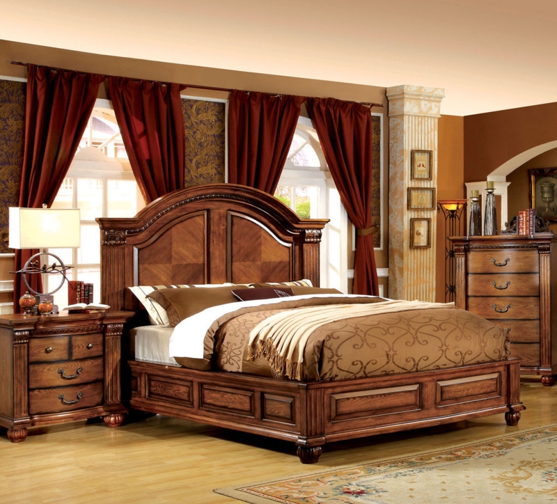 Traditional Bed Frame with Arched Tufted Panels and Tobacco Finish