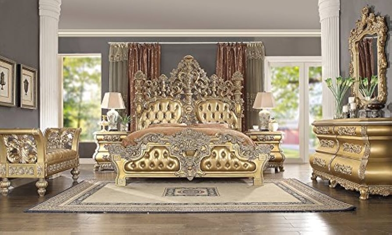 Traditional Bedroom Set Ornate Carvings Button Tufted Headboard Stone Top