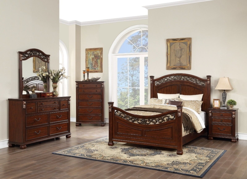 Traditional Bedroom Set with Arched Headboard and Dark Brown Finish