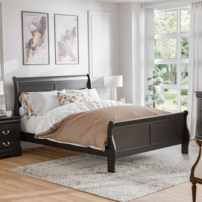 Traditional Black Sleigh Bed with Paneled Headboard and Footboard
