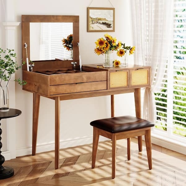 Traditional Brown Vanity Set with Flip-Top Mirror and Stool