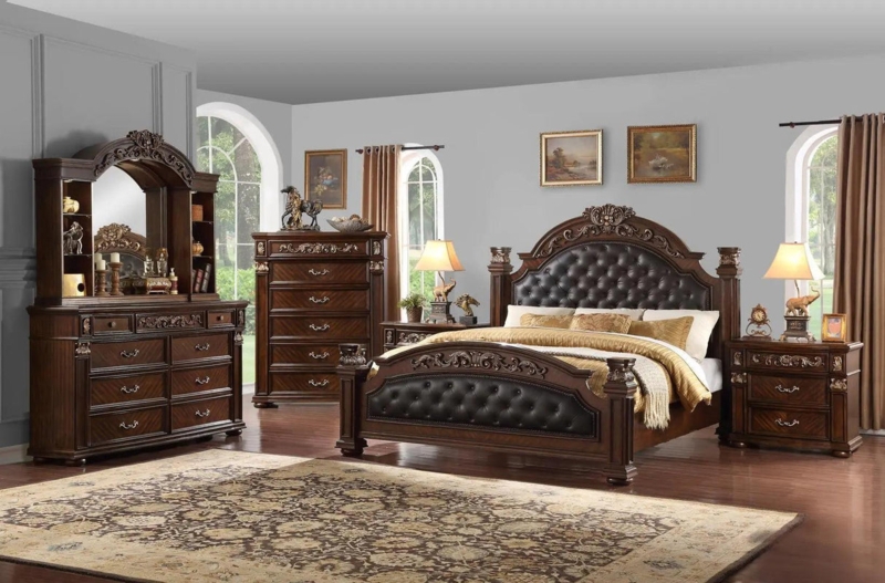 Traditional Cherry Wood Bedroom Set Glossy Finish Ornate Carvings