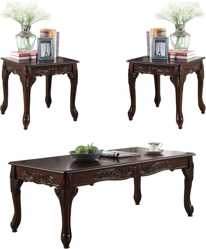 Traditional Coffee Table Set, Cherry Finish with Cabriole Legs
