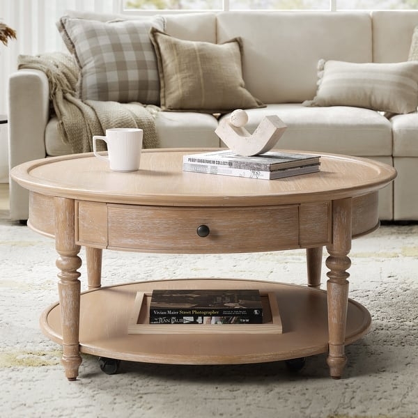 Traditional Coffee Table with Wheels, Dark Wood Finish & Single Drawer