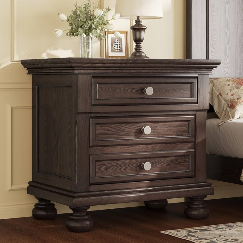 Traditional Dark Brown Nightstand with Crown Molding