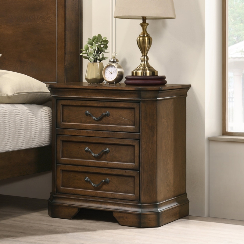 Traditional Dark Wood Nightstand, Antique Walnut Finish with Molded Edges