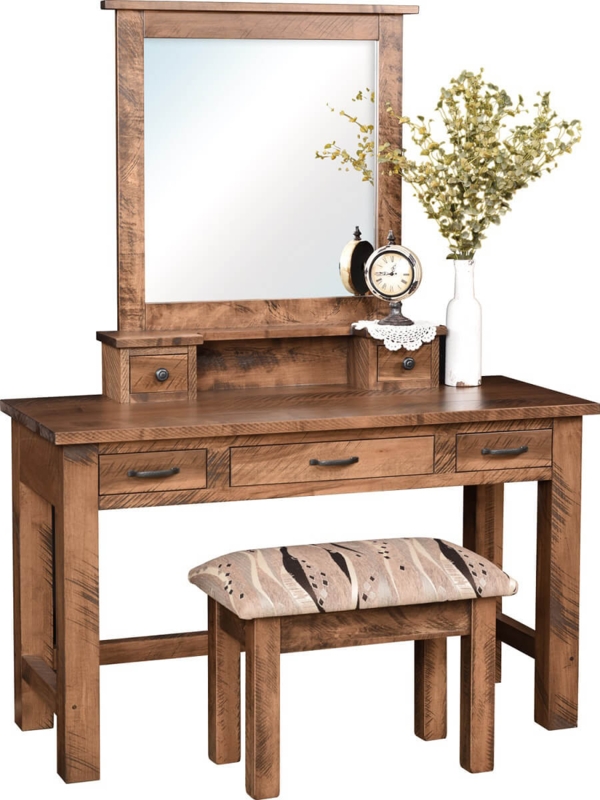 Traditional Dark Wood Vanity with Tri-Fold Mirror and Stool
