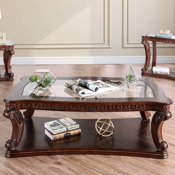 Traditional Espresso Coffee Table with Beveled Glass Insert Top