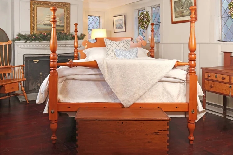 Traditional Four Poster Bed with Turned Posts and Shaped Headboard