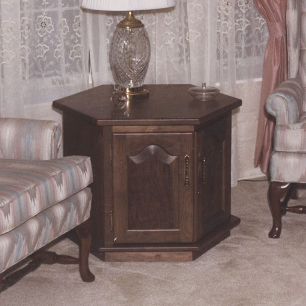 Traditional Hexagonal Cabinet End Table with Reddish-Brown Wood Finish