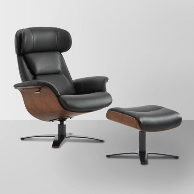 Traditional Leather Wingback Recliner Swivel Base Matching Ottoman