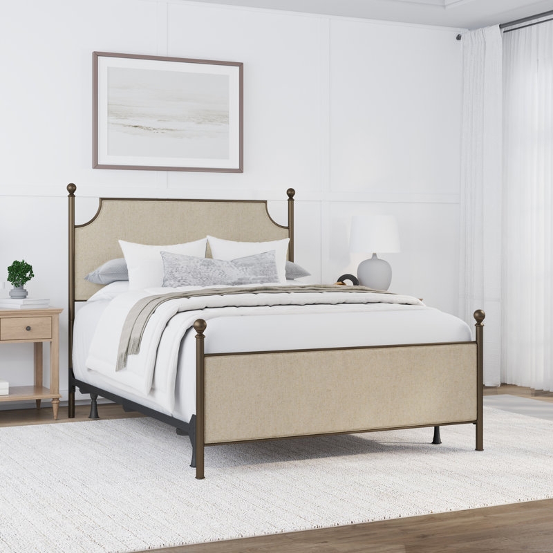 Traditional Metal Panel Bed with Arched Bronze Frame and Fabric