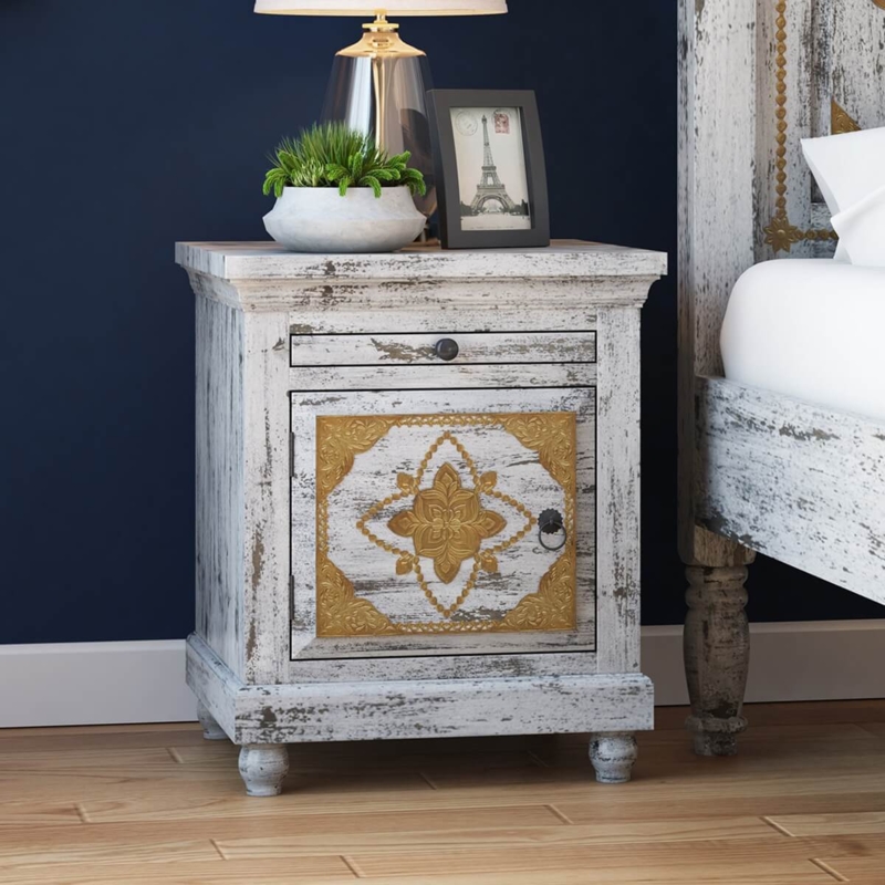 Traditional Nightstand Brass Geometric Inlay Dark Wood Accent