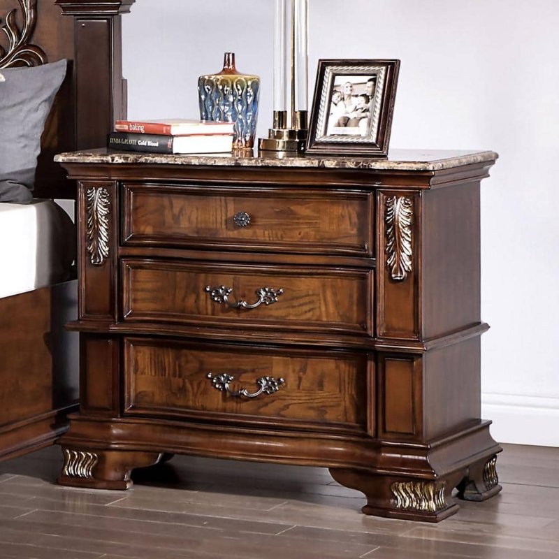 Traditional Nightstand in Brown Cherry Finish with Genuine Marble Top