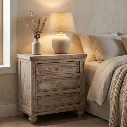 Traditional Nightstand Metal Bar Pulls Weathered Beechwood Finish