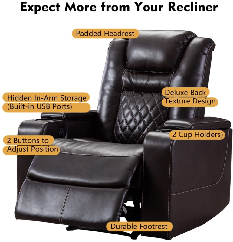 Traditional Power Recliner Dark Brown Leather-Like Cup Holders USB