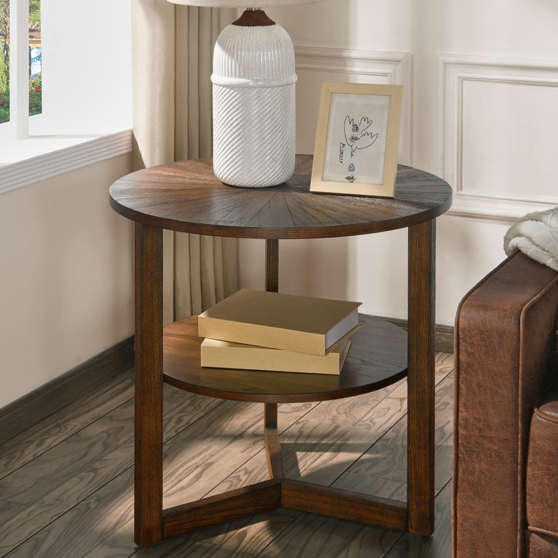 Traditional Round End Table with Umbrella Top and Pedestal Base
