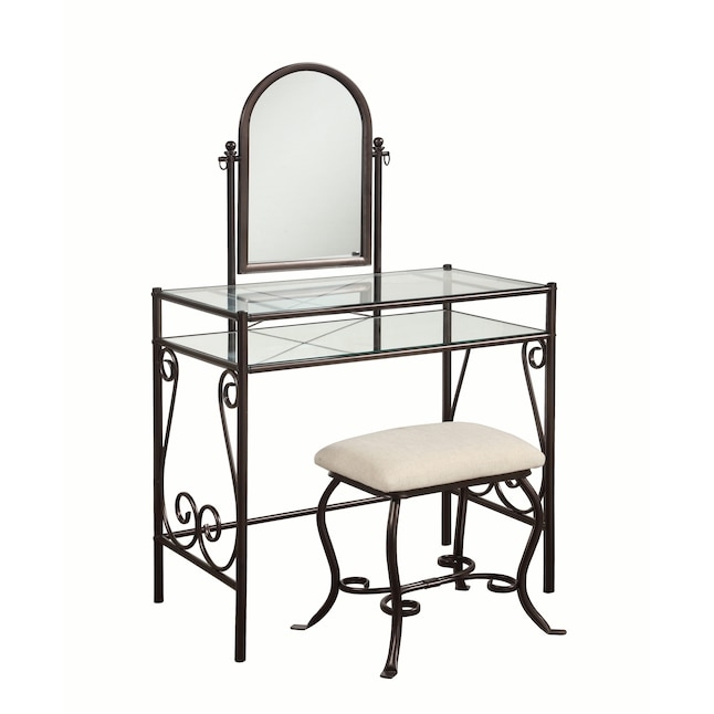 Traditional Silver Metal Vanity Set with Scrollwork and Tilting Mirror