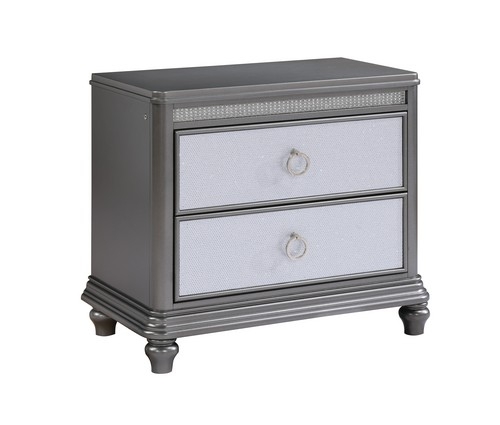 Traditional Silver Nightstand with Mirrored Trim and Beaded Detail