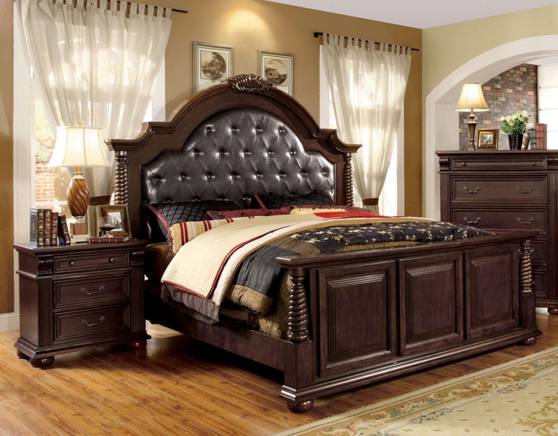 Traditional Sleigh Bed Bun Feet, Brown Cherry Finish & Paneled Design