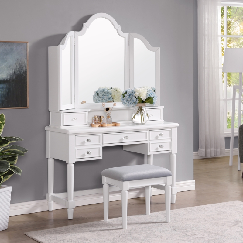 Traditional Vanity Set with Arched Tri-Fold Mirror and Matching Stool