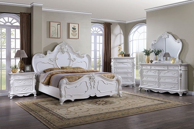 Traditional White Bedroom Set with Carved Details & Arched Headboard