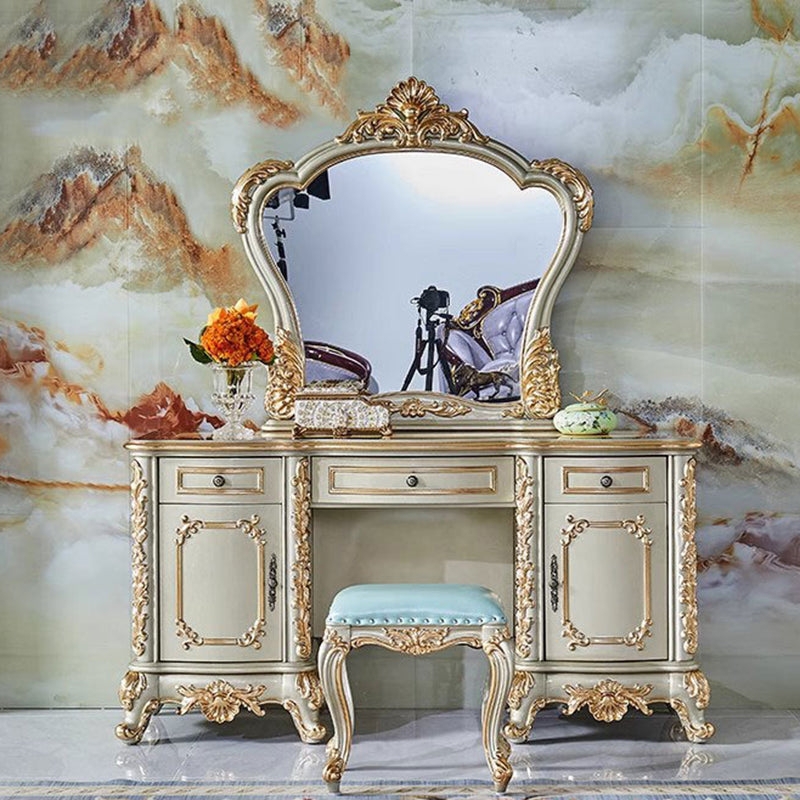 Traditional Wood Vanity Set with Large Circular Mirror and Tufted Stool
