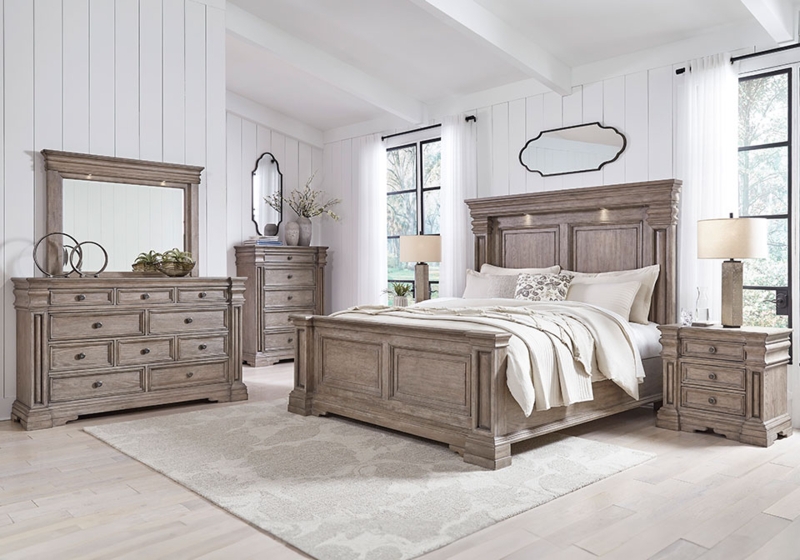 Transitional Bedroom Set Light Gray Textured Wood Panel Bed Contemporary