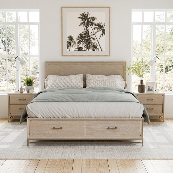 Transitional Bedroom Set with Chevron Pattern Headboard and Oak Finish