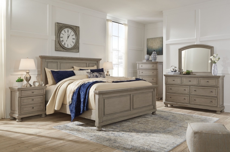 Transitional Bedroom Set with Grey Wash Finish and Traditional Bun Feet