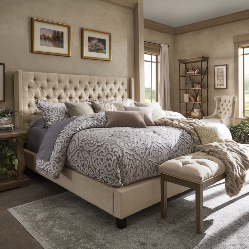 Transitional Beige Wingback Bed with Deep Diamond Tufted Upholstery